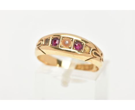 A LATE 19TH CENTURY 18CT GOLD, RUBY AND PEARL RING, designed with two circular cut rubies and a single split pearl (two stone