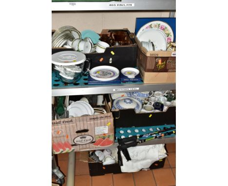 FIVE BOXES AND LOOSE CERAMICS, GLASS, LINENS AND PICTURES, to include a thirty one piece Foley Lorraine tea set, a Gibsons go