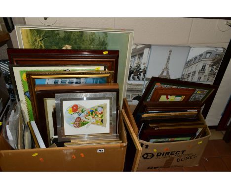 TWO BOXES AND LOOSE PICTURES AND PRINTS ETC,  to include an open edition L.S. Lowry print 'Landscape with farm buildings', co