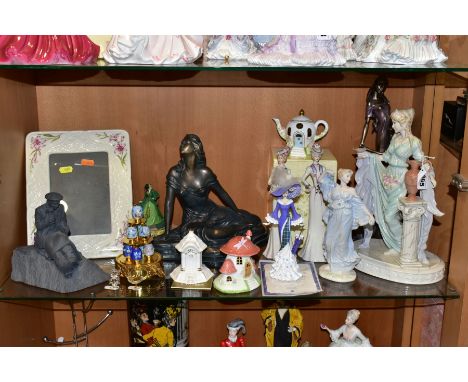 A COLLECTION OF COALPORT, WEDGWOOD, SWAROVSKI, ETC, including The Classical Collection -'Gaiety' and 'Serenity' a bronzed res
