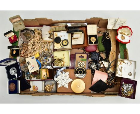 A BOX OF ASSORTED ITEMS, to include various imitation pearl necklaces, costume brooches, rings, bracelets, earrings etc, a 'S