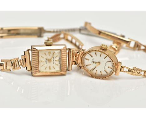 TWO LADIES 9CT GOLD WRISTWATCHES, the first a 9ct gold 'Rotary' quartz, oval silver dial signed 'Rotary', baton markers, gold