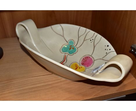 A CLARICE CLIFF WILKINSON LTD POTTERY TWIN HANDLED OVAL BOWL PAINTED WITH A FRUITING POMEGRANATE TREE, shape no. 783, printed