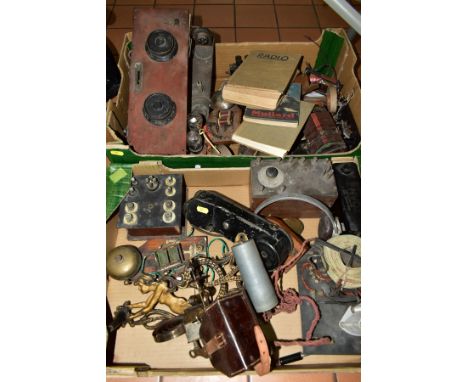 TWO BOXES OF VINTAGE  WIRELESS AND TELEPHONE EQUIPMENT AND ACCESSORIES ETC, to include a GPO model 55 moving coil in leather 