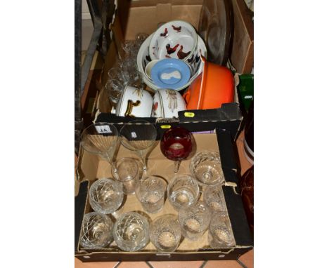 TWO BOXES OF GLASSWARE AND CERAMICS, ETC, including a well-used 22cm Le Creuset orange and white enamel cast iron casserole d