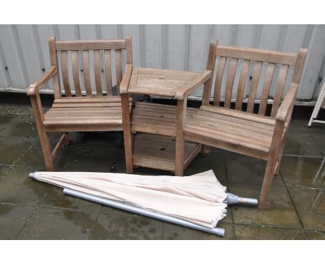 A MODERN HARDWOOD GARDEN LOVE SEAT with angle centre shelf, parasol and cover 180cm wide