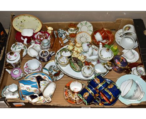 TWO BOXES OF SMALL ORNAMENTS, CUPS AND SAUCERS, HALCYON DAYS ENAMEL BOXES, ETC, including a Stevenson &amp; Hancock Imari dem