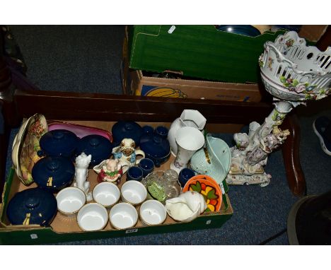 THREE BOXES OF CERAMICS, METALWARES AND SUNDRY ITEMS, to include a large figural pedestal bowl with old repair, three Poole P