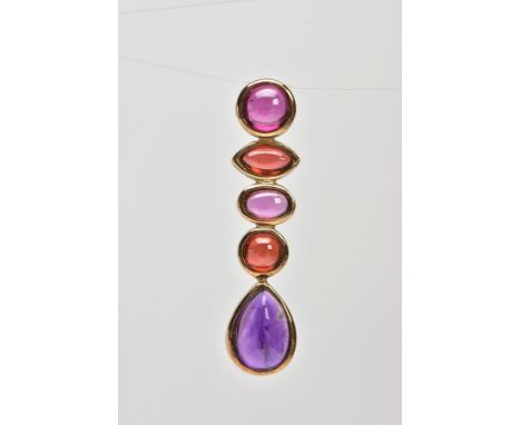A 9CT GOLD GEM SET PENDANT, drop line pendant set with oval, marquise, circular and pear cut amethyst and garnet cabochons, h