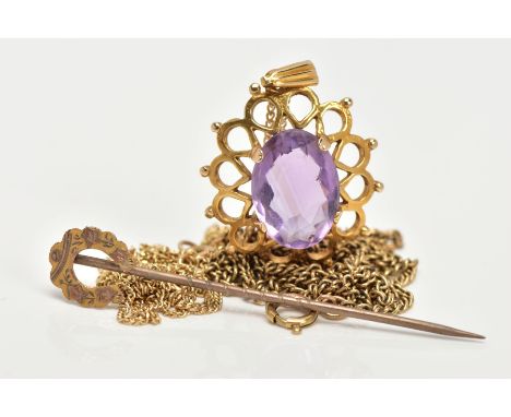 A 9CT GOLD AMETHYST PENDANT, 9CT GOLD STICK PIN AND YELLOW METAL CHAIN, a yellow gold open work pendant set with an oval cut 