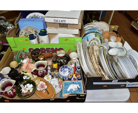 THREE BOXES OF CERAMICS, ETC, including Bradford Exchange collectors plates by Royal Doulton and others, some with packing, a