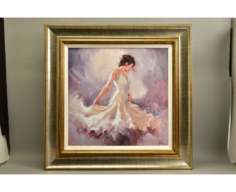 MARK SPAIN (BRITISH CONTEMPORARY) 'FIESTA' a study of a female figure wearing a white dress, limited edition print 145/195, s