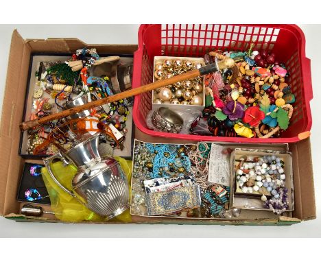 A BOX OF ASSORTED ITEMS, to include assorted costume jewellery pieces such as large beaded necklaces, pierced and non-pierced