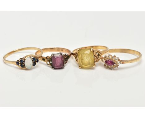 FOUR 9CT GOLD GEM SET RINGS, to include an opal and blue sapphire ring, a ruby and cubic zirconia marquise cluster ring, a re