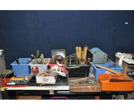 EIGHT TRAYS CONTAINING TOOLS including a metal toolbox, saws, hammers, files, tow robe, a socket set, a vintage wooden box et