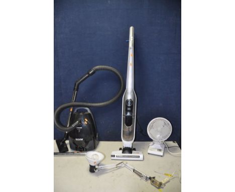 A BOSCH ATHLET 25.2V VACUUM along with a Panasonic vacuum model No MC-E7012, a seven inch desk fan and a unbranded lamp (all 