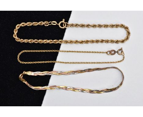 THREE 9CT GOLD BRACELETS, the first a tri-colour plaited bracelet fitted with a spring clasp hallmarked 9ct Sheffield import,