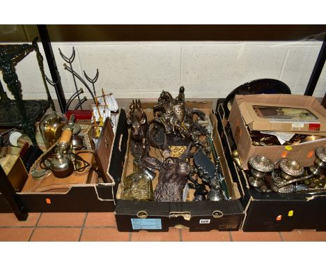 FOUR BOXES OF METALWARES AND SUNDRY ITEMS, to include plated trays, candelabrum and other items, a set of brass cooking utens