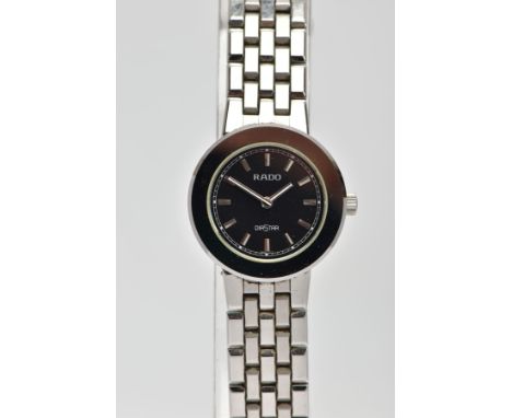 A LADIES 'RADO' WRISTWATCH, quartz movement, black round dial signed 'Rado Diastar', baton markers, silver tone hands, high p