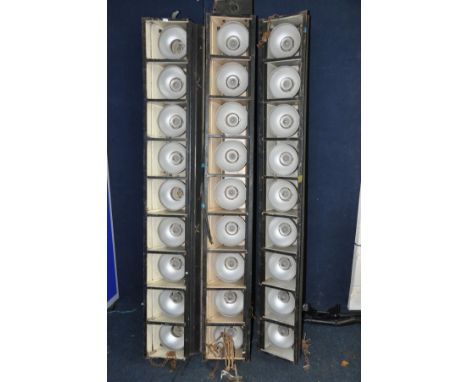 VINTAGE THEATRE LIGHTING comprising of three lengths of nine lights with hanging poles (UNTESTED due to wiring)