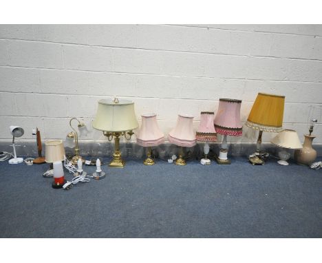 A SELECTION OF VARIOUS TABLE LAMPS, of various materials and styles, to include a brass four branch lamp, pair of modern colu