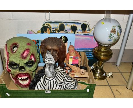 A BOX AND LOOSE RESIN ANIMAL MASKS, ZOMBIE HEAD, BOTTLE STOPPERS, ETC, including a painted plaster Winston Churchill bottle s