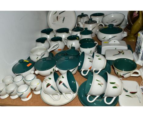 A FIFTY ONE PIECE DENBY GREENWHEAT PART DINNER SERVICE, comprising a coffee pot, two different sized teapots, a water jug, tw