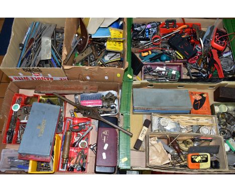 FIVE BOXES OF SPECIALIST WATCHMAKING EQUIPMENT AND OTHER TOOLS, to include a brass depthing tool stamped SPC No 1 (some parts