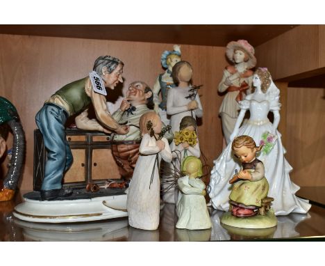 NINE CERAMIC AND RESIN FIGURINES, comprising a Capodimonte porcelain figure group of a tailor and his customer, s.d., height 