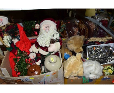 FOUR BOXES AND LOOSE CHRISTMAS DECORATIONS, SOFT TOYS, PRINTS, CUSHIONS, METALWARES, ETC, including a modern ceramic stick st