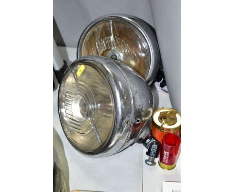 A PAIR OF LUCAS KING OF THE ROAD VINTAGE HEAD LAMPS, type MB 148, chrome finish, stamped Lucas King of the Road, Bi-Flex and 