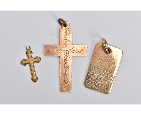 THREE 9CT GOLD PENDANTS, the first a rose gold cross pendant with personal engravings all round, hallmarked 9ct Birmingham, f