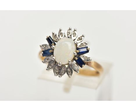 A 9CT GOLD OPAL CLUSTER RING, designed with a central oval cut opal cabochon, flanked with four baguette cut blue sapphires i