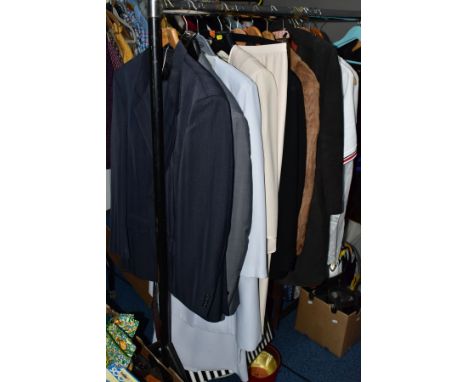 A QUANTITY OF LADIES AND GENTLEMENS CLOTHING AND ACCESSORIES, including a Burton two piece suit, jacket 38R, a light grey M&a