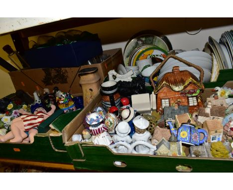 FOUR BOXES OF CERAMICS AND GLASSWARES, to include a boxed set of Martell Cognac Grand National 2002 Horse and Jockey Commemor