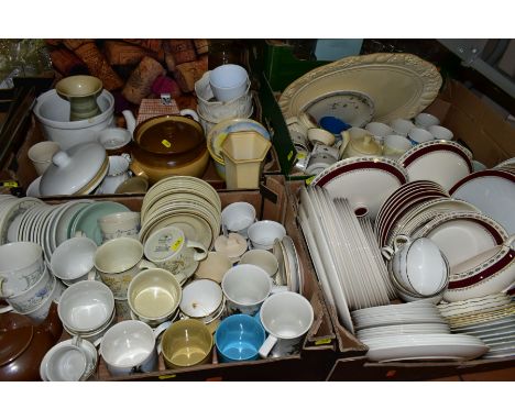 FOUR BOXES OF ASSORTED DINNER, TEA AND KITCHEN WARES, including a Crown Ducal part dinner service, gilt and burgundy borders,