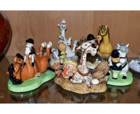 FIVE ROYAL DOULTON THELWELL FIGURE GROUPS, comprising 'Choosing Good Feet' NT4, limited edition no.494/1000, 'Body Brush' NT7