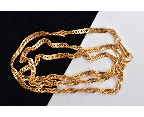A YELLOW METAL CHAIN, Singapore twist chain, fitted with a hook clasp, hallmarked with Bahrain assay marks 875 (21ct gold), l