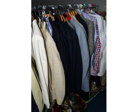 A QUANTITY OF GENTLEMENS CLOTHING IN SEVEN BOXES AND LOOSE, including jackets, shirts, suits, trousers, shoes, hats and bags,