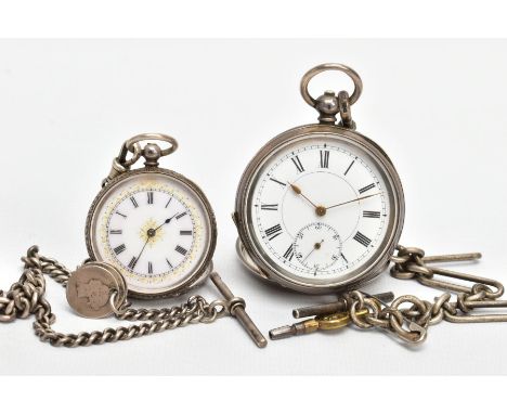 TWO OPEN FACE POCKET WATCHES, the first with a round white dial, Roman numerals, seconds subsidiary dial at the six o'clock p