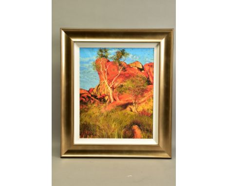 ROLF HARRIS (AUSTRALIAN 1930) 'SUN ON DEVIL'S MARBLES', a limited edition print of an Australian landscape 20/49, signed bott