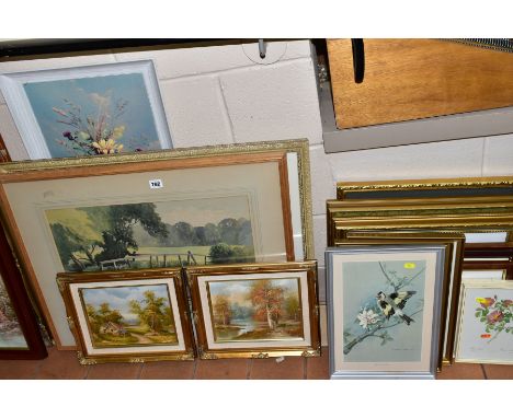 A  QUANTITY OF PAINTINGS AND PRINTS ETC, to include two watercolour landscapes circa 1930's/1940's, signed AJ Giles, approxim