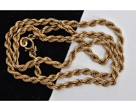 A 9CT GOLD ROPE TWIST CHAIN, fitted with a spring clasp hallmarked 9ct London import, length 400mm, approximate gross weight 