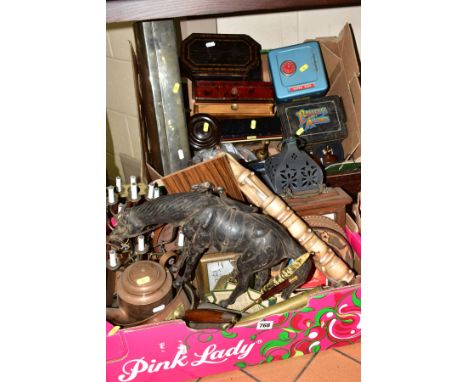 TWO BOXES OF SUNDRY ITEMS ETC,  to include a bakelite tobacco box of circular form, Japanese wooden box with applied decorati