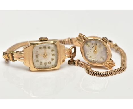 A LADIES 9CT GOLD WRISTWATCH AND WATCH HEAD, the first with a square silver dial faintly signed 'Felca', Arabic numerals and 