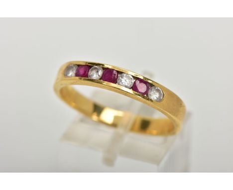 A RUBY AND DIAMOND HALF HOOP RING, yellow metal band, designed with a row of three channel set circular cut rubies interspace