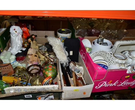 FOUR BOXES AND LOOSE CERAMICS, GLASS, METALWARES, ORIENTAL AND SUNDRY ITEMS, to include a Spode Blue Tower egg shaped trinket