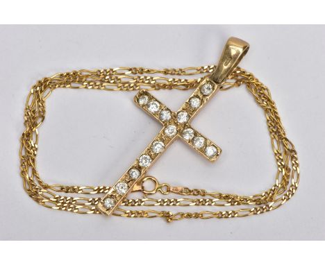A 9CT GOLD CROSS PENDANT AND CHAIN, the cross pendant set with colourless cubic zirconia, fitted with a large tapered bail ha