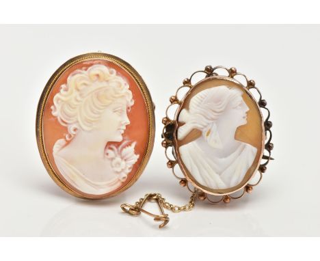 TWO 9CT GOLD CAMEO BROOCHES, the first of an oval form depicting a lady in profile, collet and fine rope twist mount, stamped