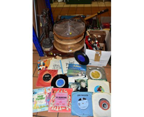 TWO BOXES AND LOOSE RECORDS, SUITCASE, KITCHENALIA AND SUNDRY HOUSEHOLD ITEMS, to include a twentieth century wooden tennis r